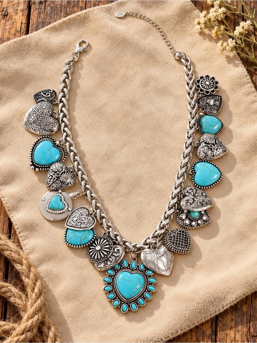 Boho Turquoise Heart Statement Necklace with Silver-Tone Charms